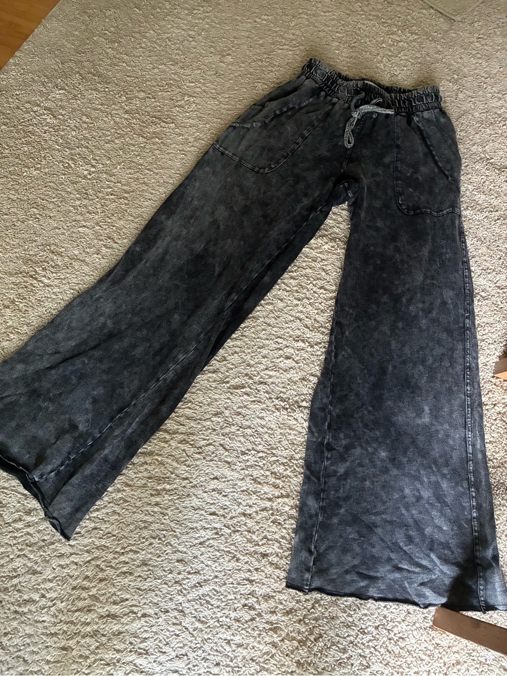 Wide Leg Drawstring Pants in Washed Black